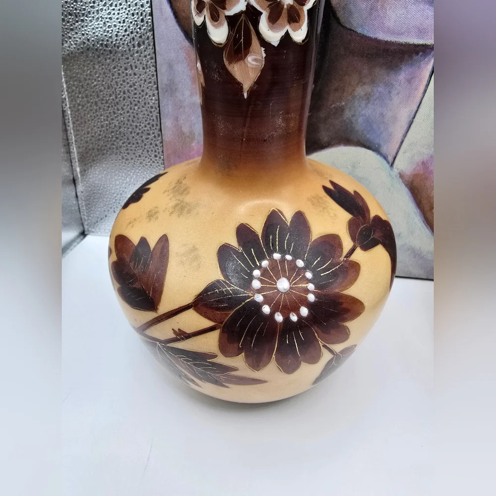 Antique Victorian Tan & Brown Floral Opaline Bristol Glass Pair of Vases